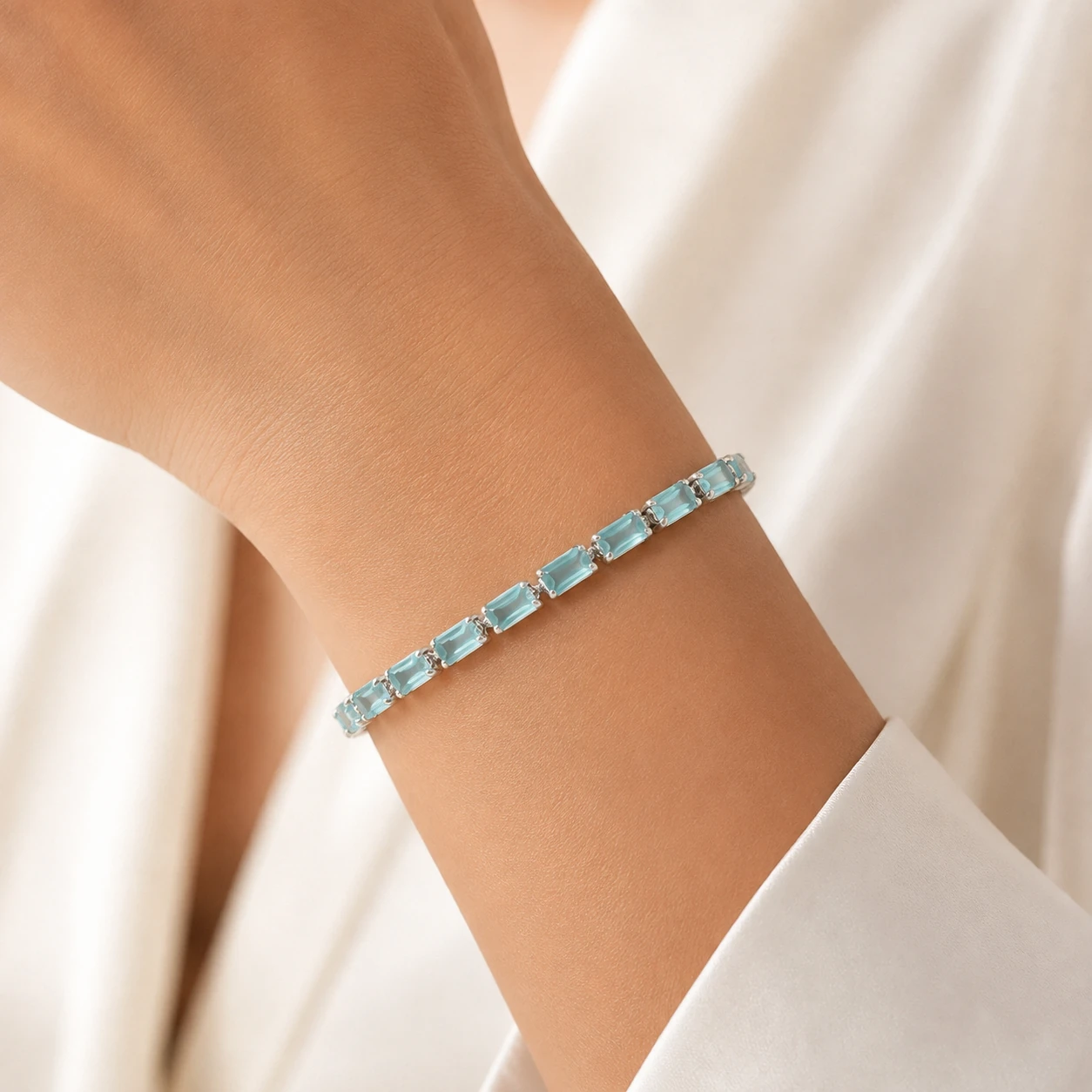 Aqua Zircon Link Bracelet styled on wrist