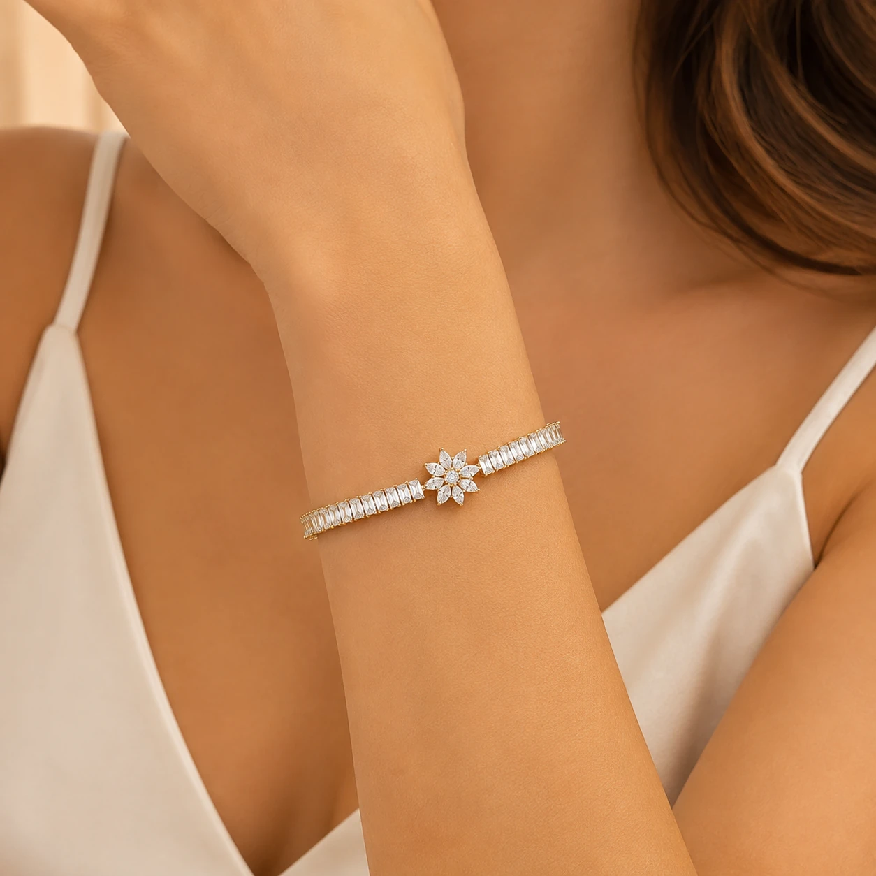 Bloom Accent Tennis Bracelet styled on wrist