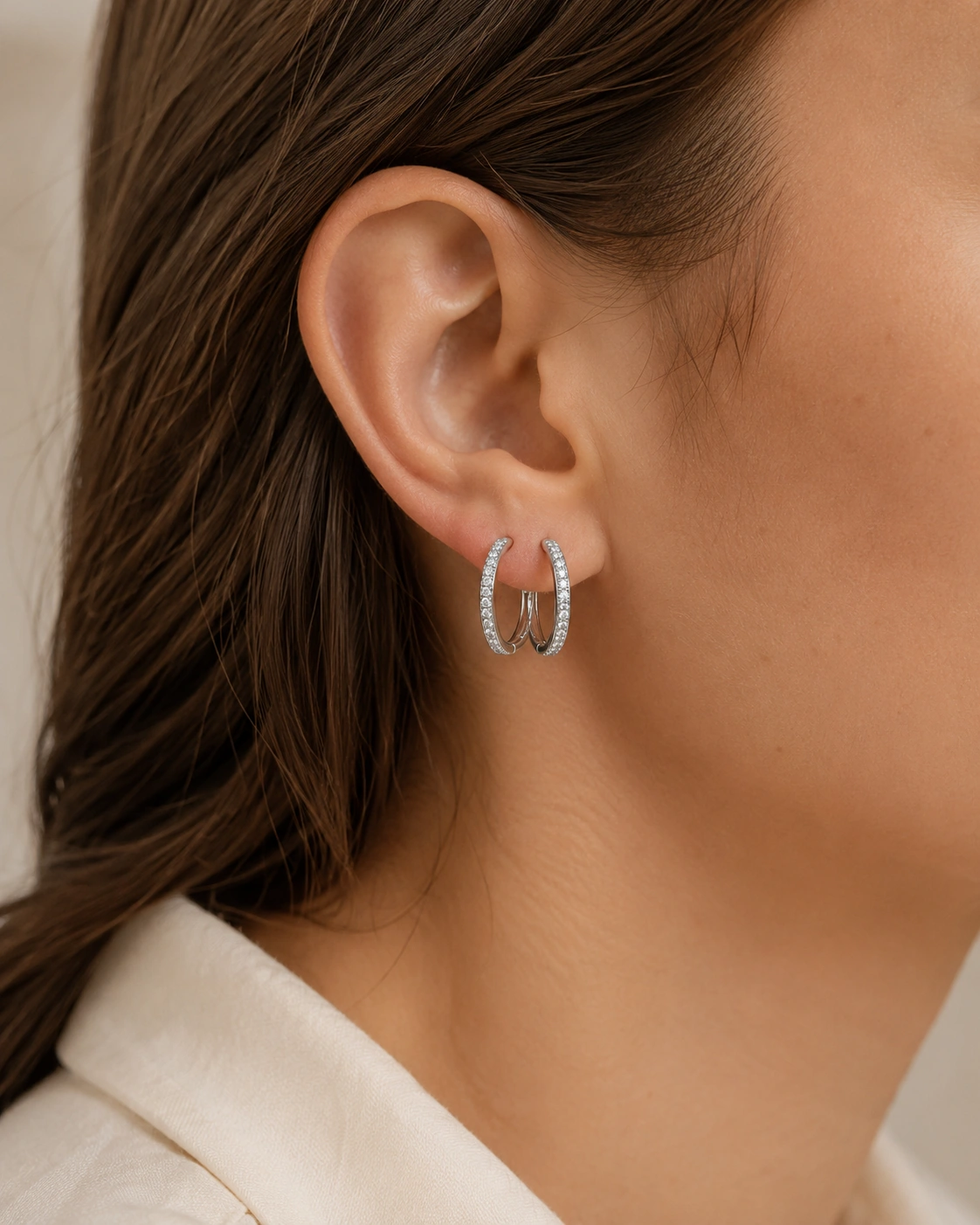 Crystal Hoop Earrings styled on ear for everyday wear