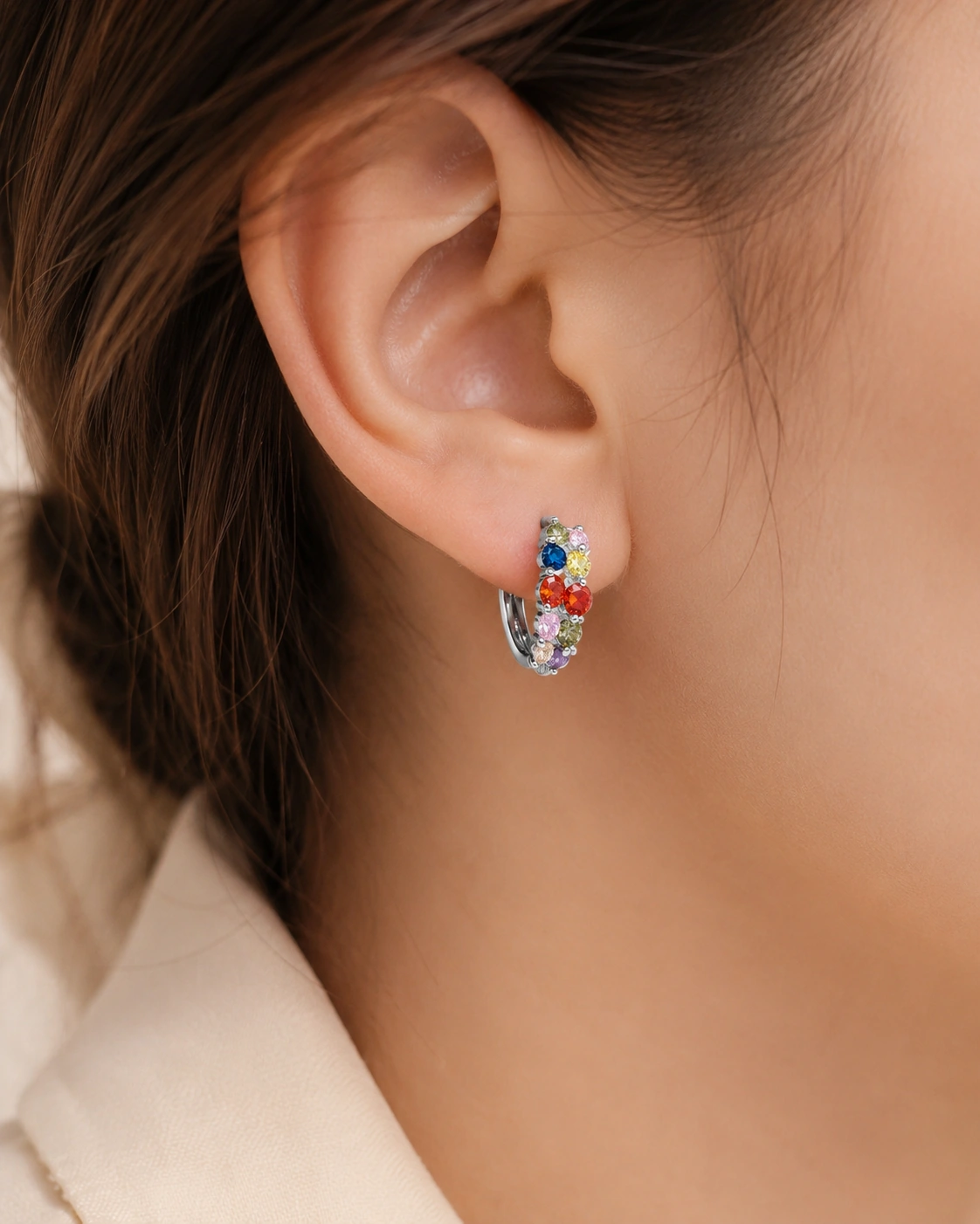 Rainbow Gem Hoop Earrings worn