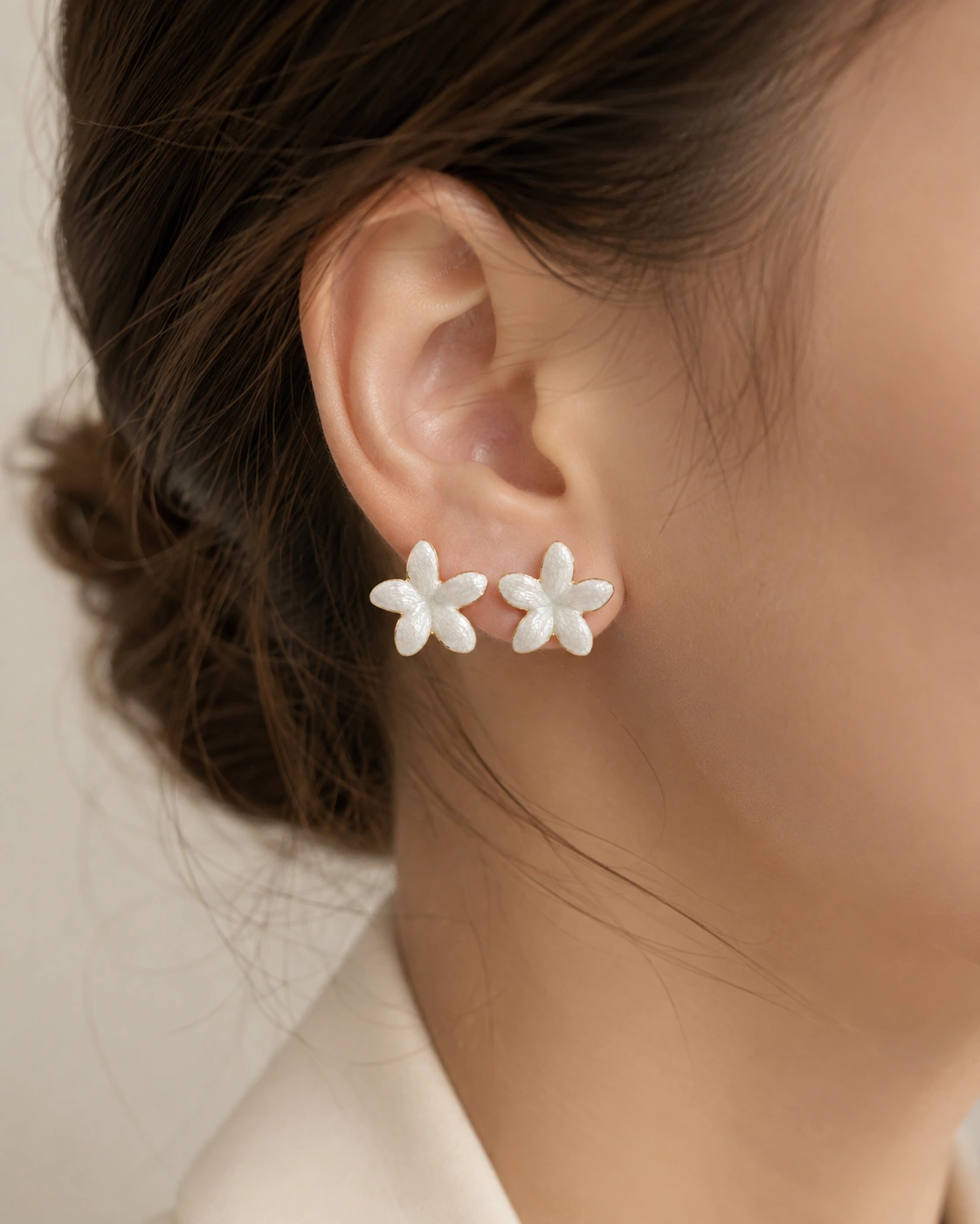 White Flower Stud Earrings worn