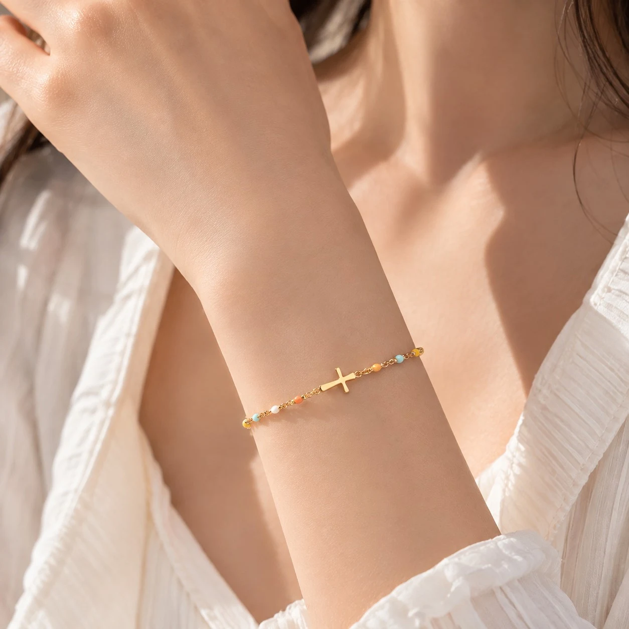 Electroplated Copper Colorful Beaded Cross Charm Bracelet styled on wrist