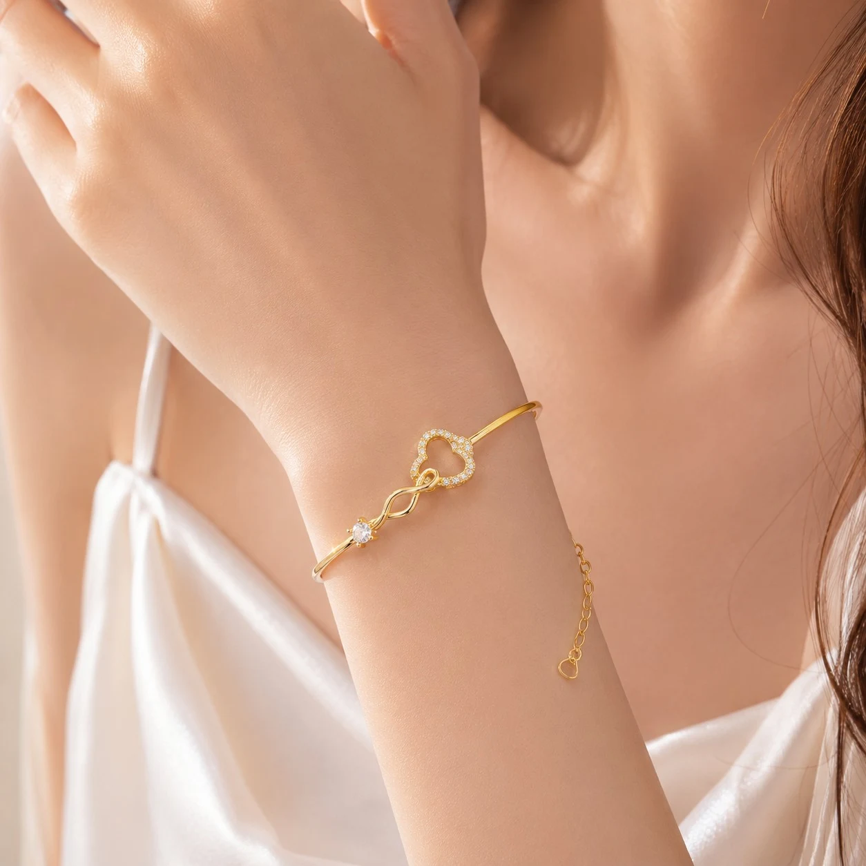 Electroplated Copper Heart Link Charm Bracelet styled on wrist
