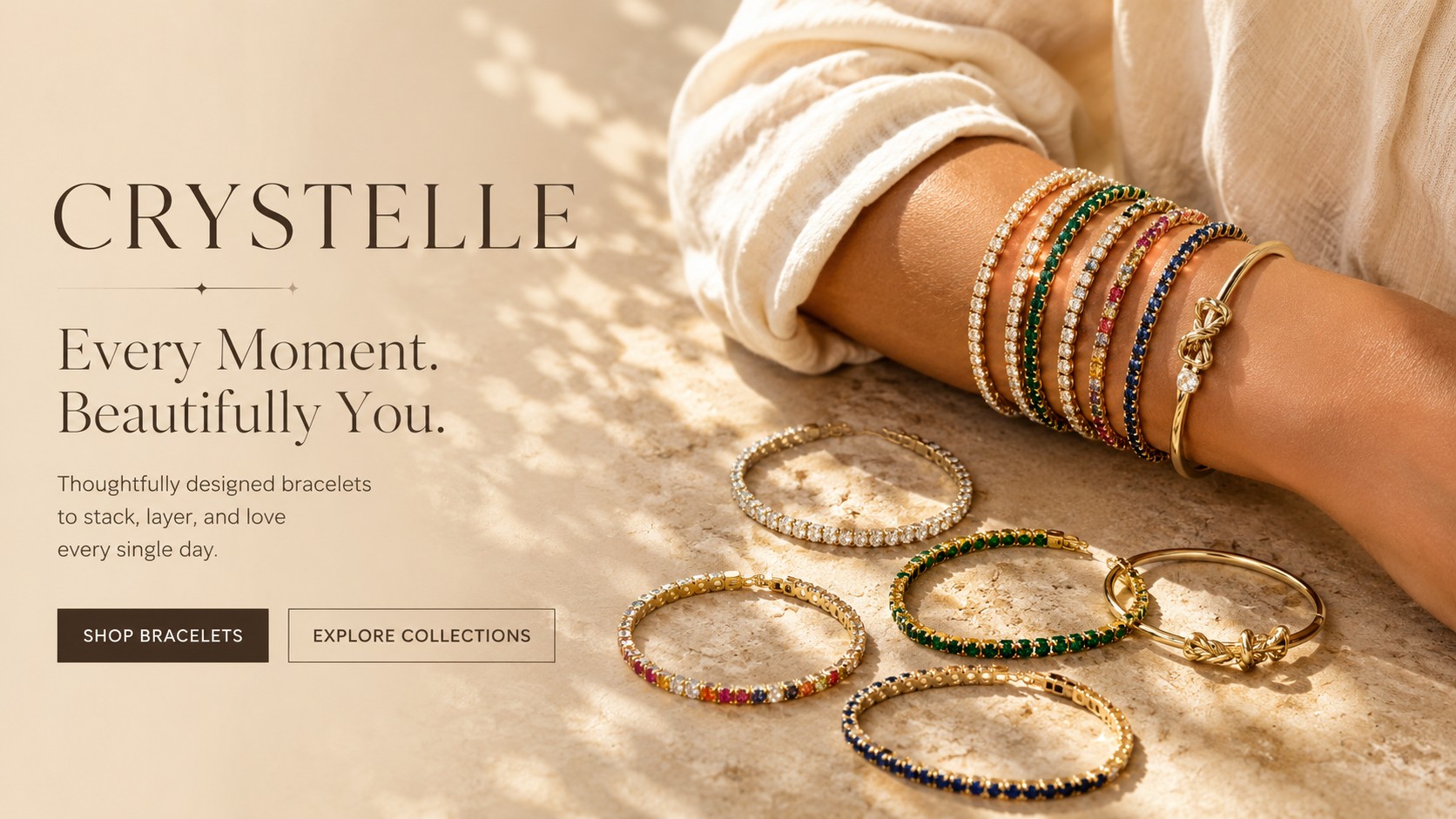 CRYSTELLE bracelet collection styled in warm natural light
