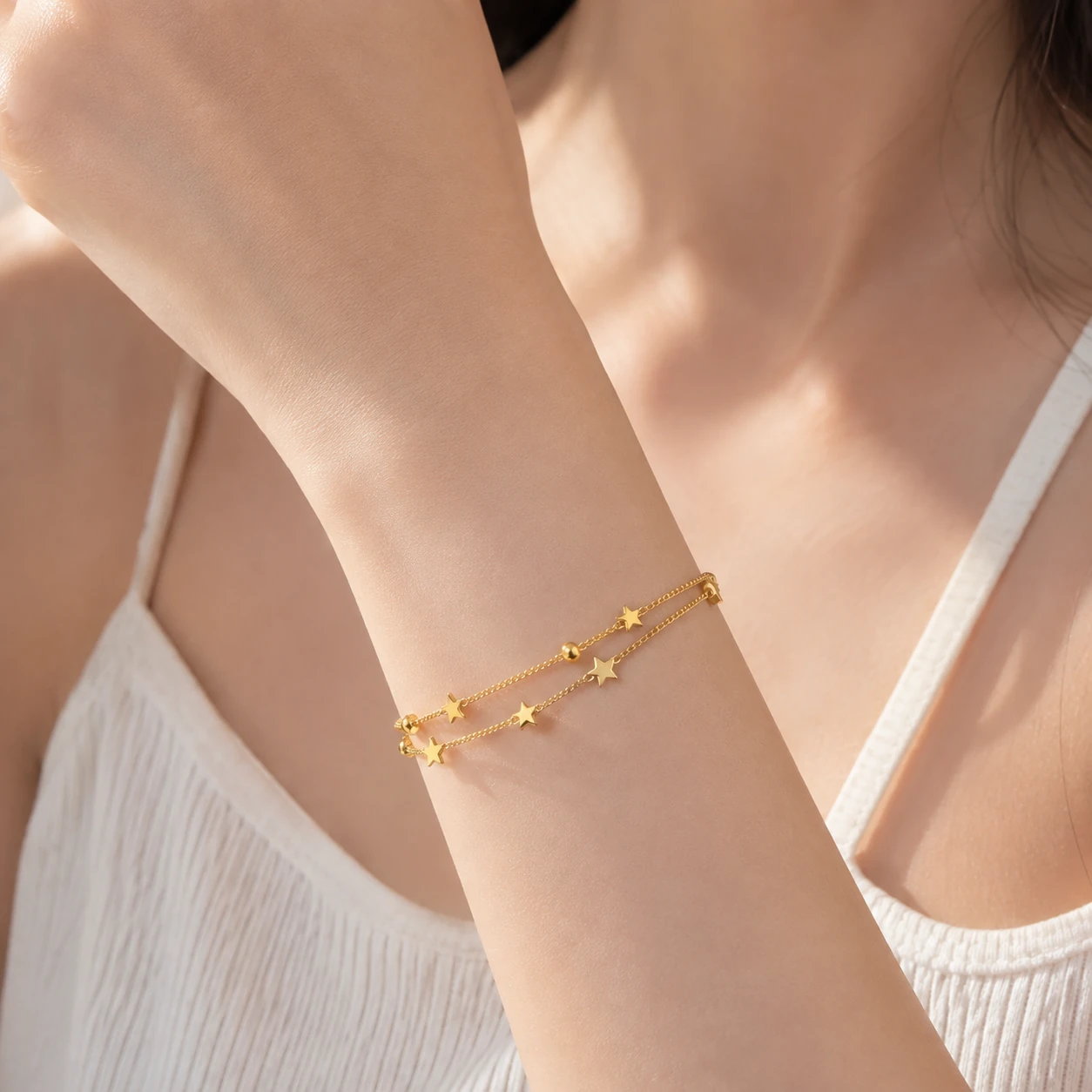 Stainless Steel Star Charm Double Chain Bracelet styled on wrist